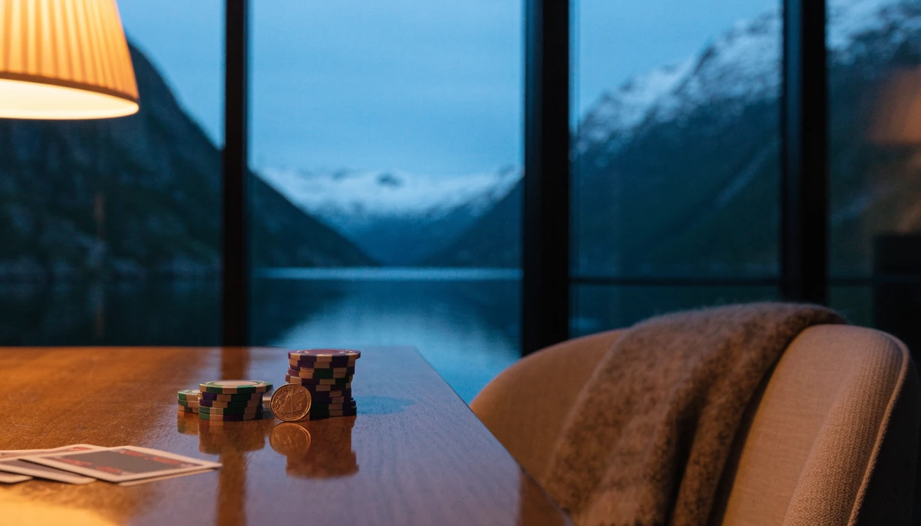 Moderne norsk stue med utsikt over fjord, casinobrikker, spillkort og en 10-krone mynt på bordet