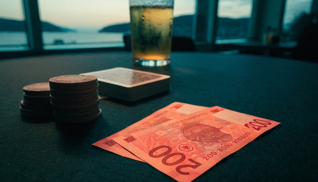 Norske 200-kroner sedler med casinobrikker og kort på filtbord