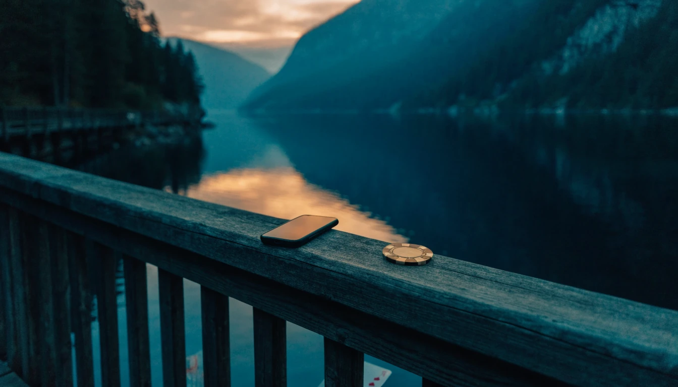 Norsk fjord ved skumring med telefon og casinogjenstander på trebrygge