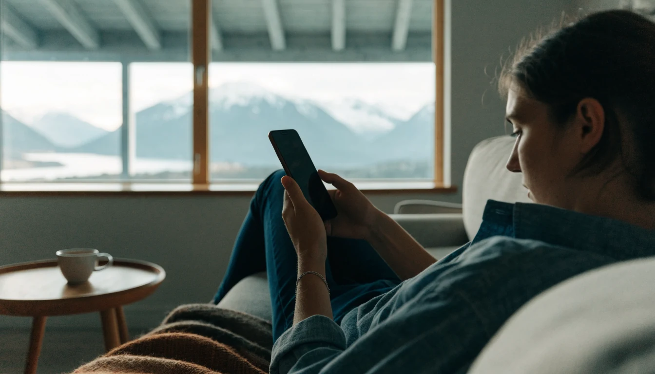 Nordmann slapper av med smarttelefonen i en moderne stue med norsk fjellutsikt