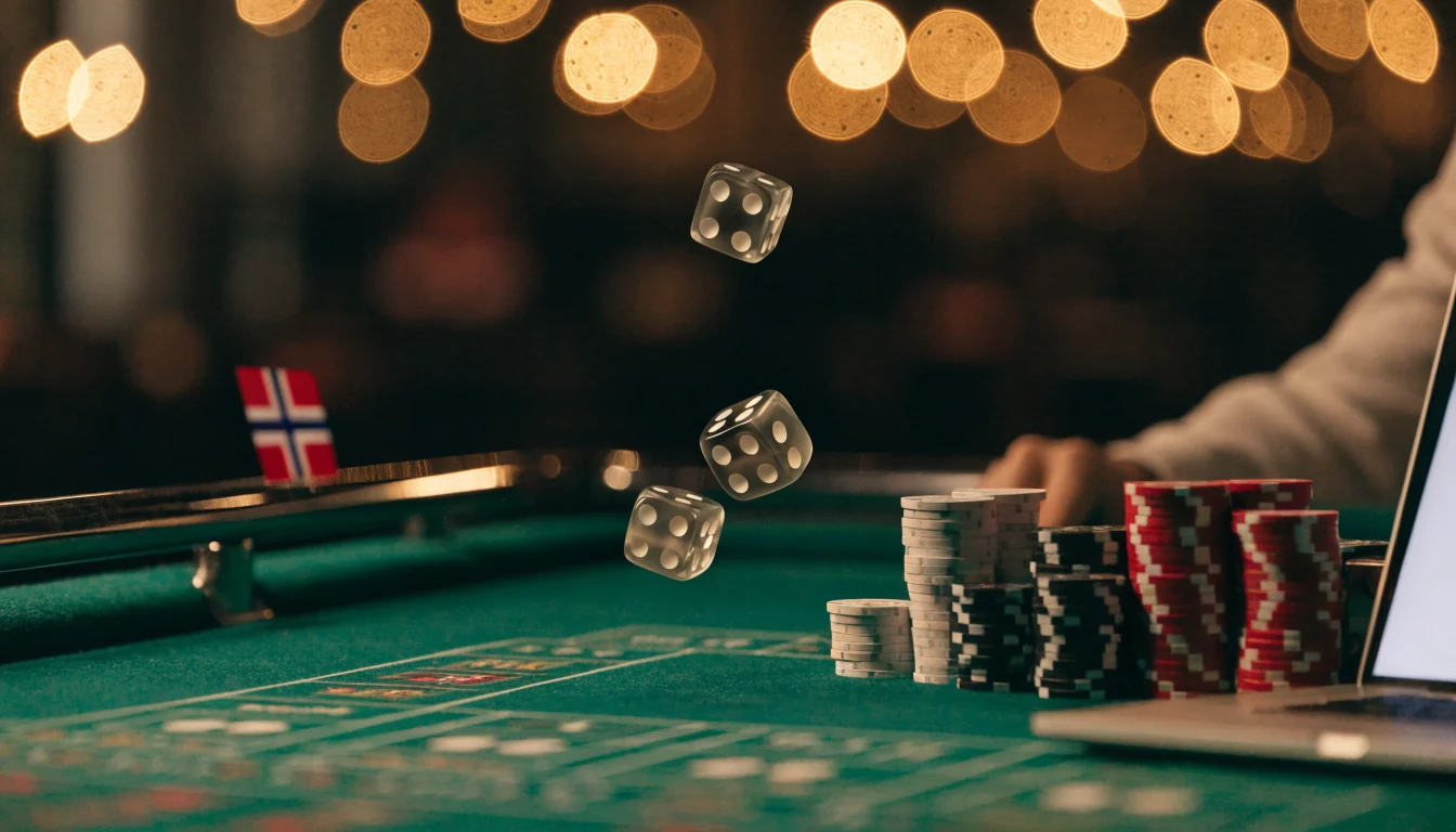 Luksuriøst craps-bord med jetonger og terninger i nettcasino-stil