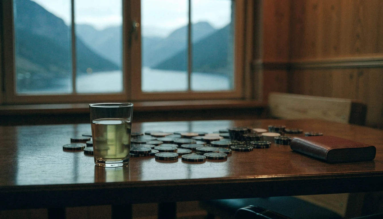 Skandinavisk stue med pokerjetonger, kortstokk og utsikt over norsk fjord