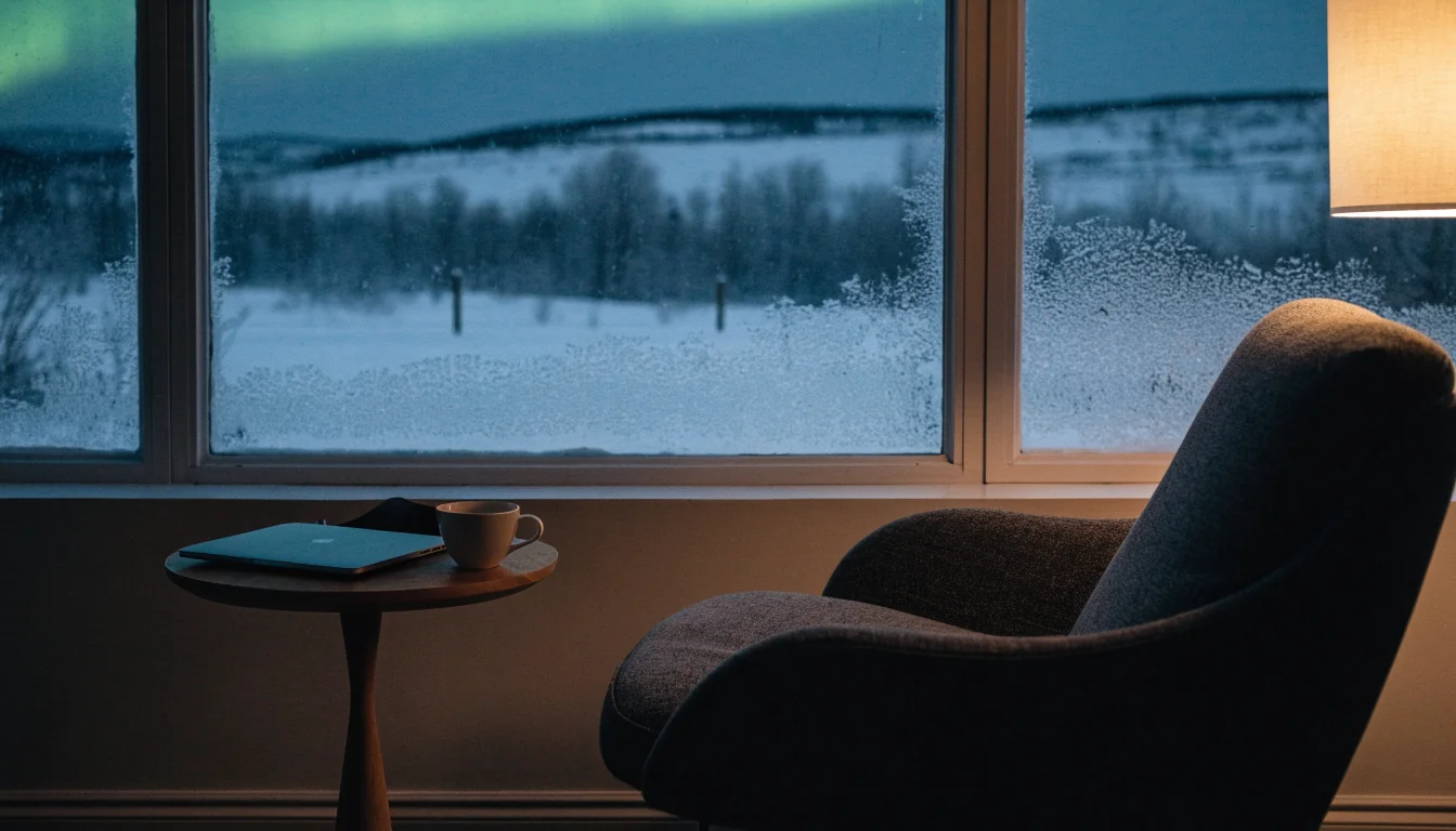 Koselig norsk stue med kafla-stol og lukket laptop om kvelden