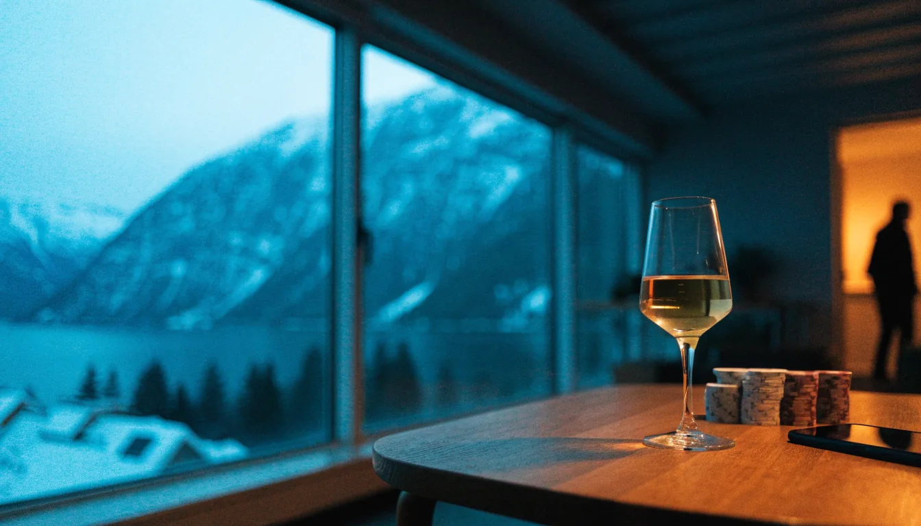 Moderne norsk stue med utsikt over fjord ved skumring, pokerjetonger på bordet