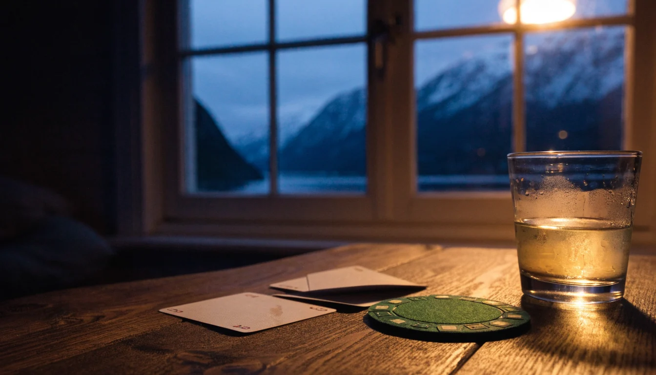 Stilleben med spillebrikke og kort i en norsk hytte ved skumringstid