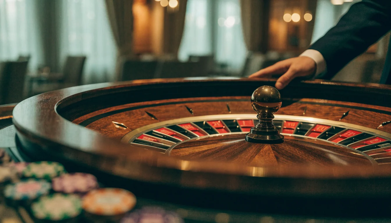 Elegant rulettbord i varmt nordisk casino med fargerike sjetonger og croupier