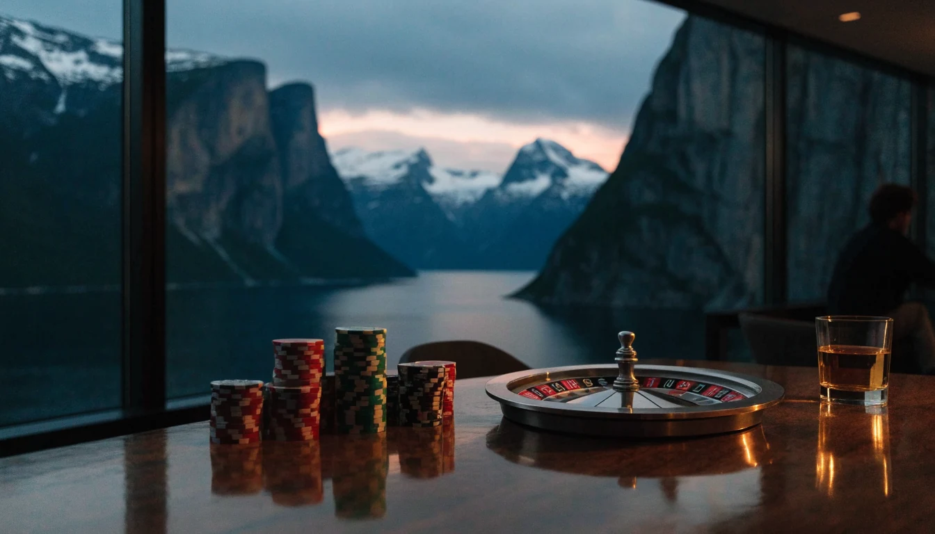 Eksklusiv casinostue med utsikt over norsk fjord ved skumring