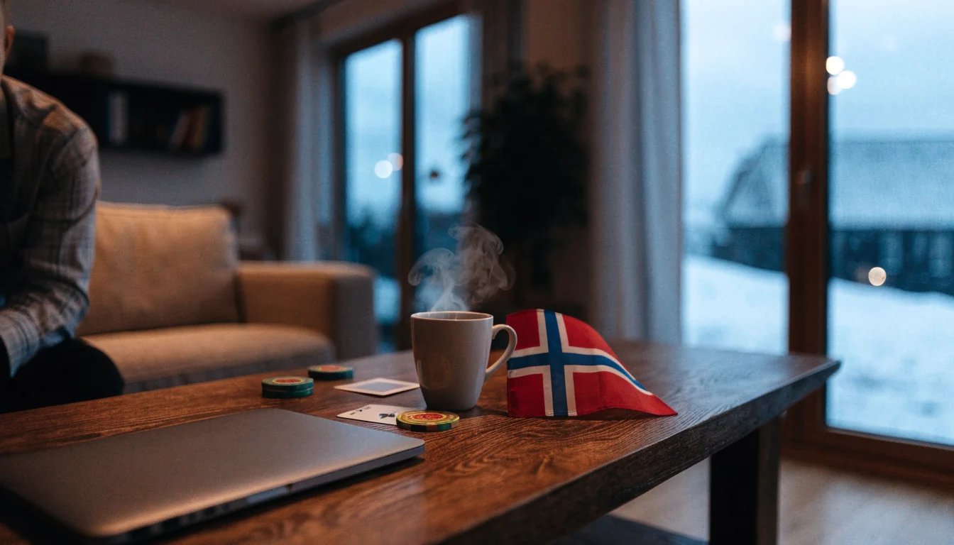 Stengt laptop, kaffekopp, fargede casinobrikker og norsk flagg i en koselig stue