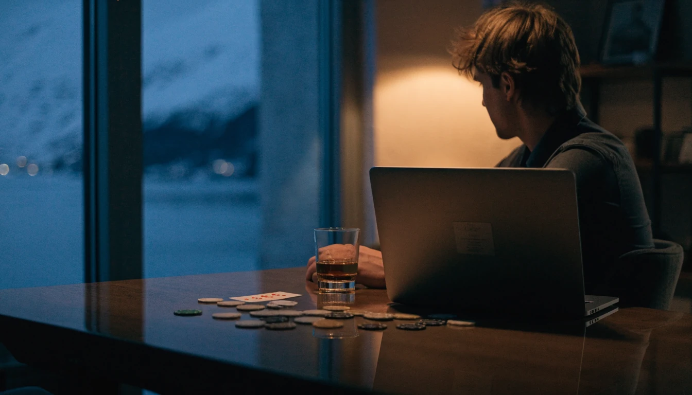 Mann ved lukket laptop med kasinobrikker på bordet