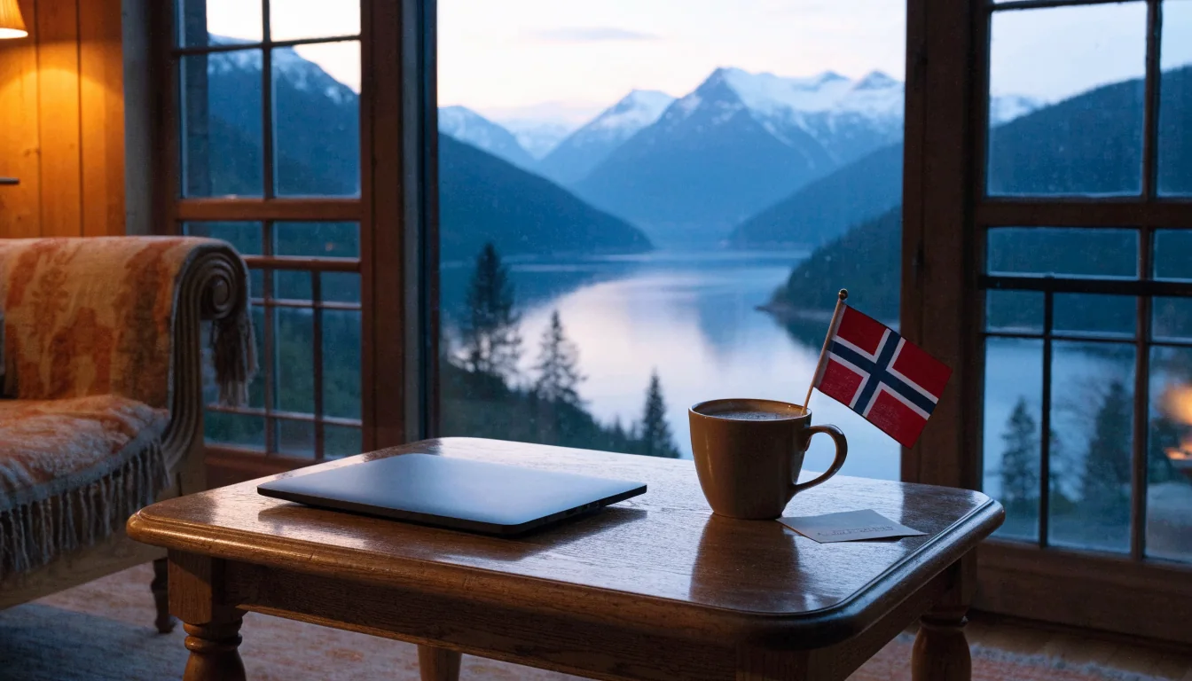 Koselig norsk stue med kaffekopp, lukket bærbar og utsikt mot fjord