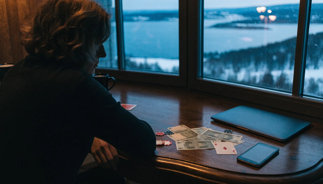 Norsk hjemmekontor med kroner, casinojetonger og kort på skrivebordet ved vinteroppslag