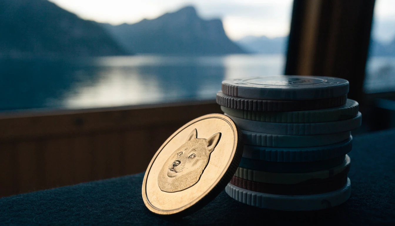 Dogecoin-mynt ved siden av casinobrikker med norsk fjord i bakgrunnen