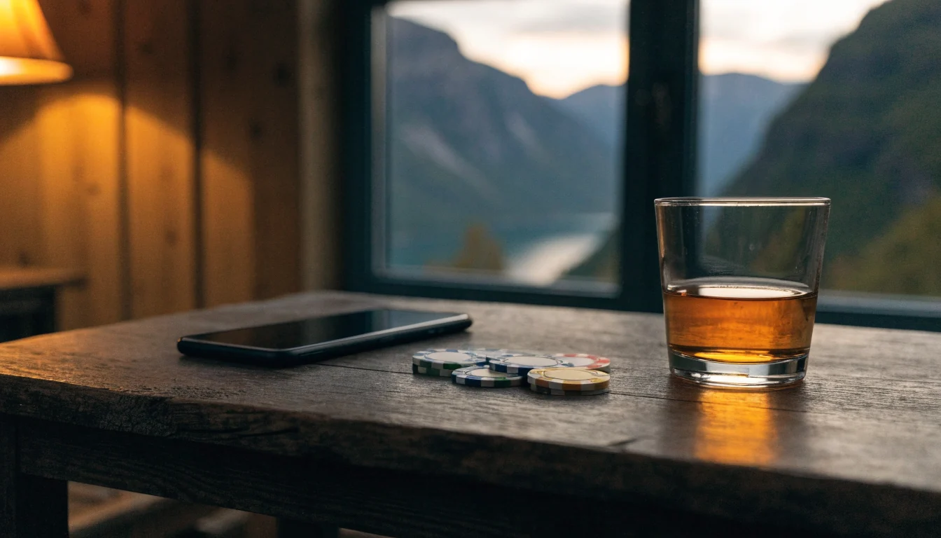 Mobiltelefon vendt ned på bordet med casinobrikker i norsk hytte
