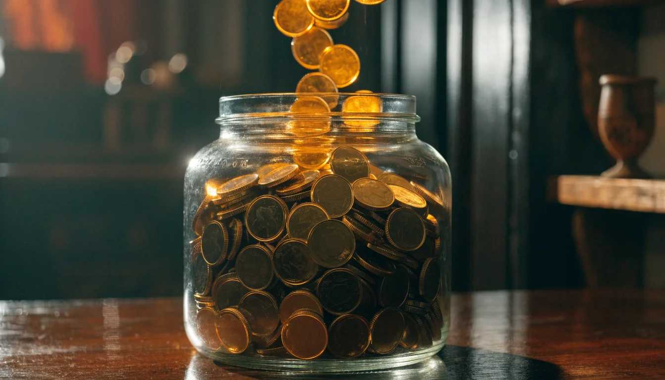 Gullmynter som faller ned i en glasskrukke og symboliserer en voksende progressiv jackpot
