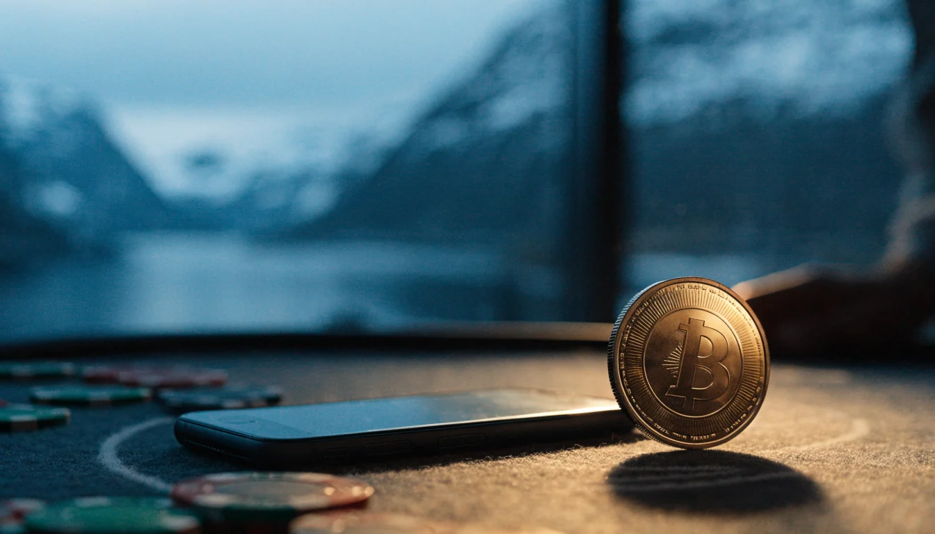 Litecoin-mynt på casinobord med norsk fjord i bakgrunnen