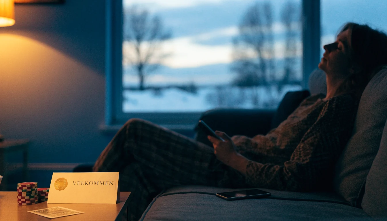 Person i norsk stue med velkomstbrev, jetonger og kort på bordet