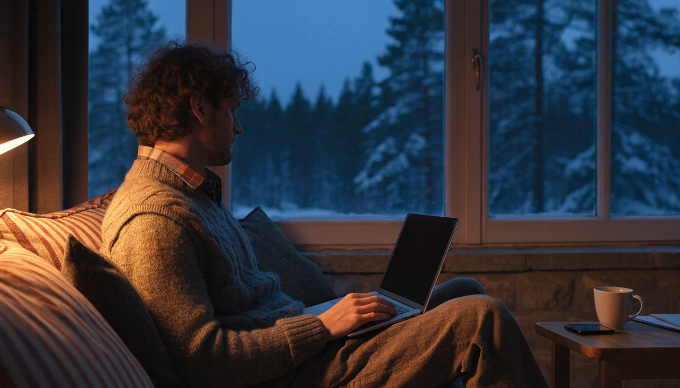 Mann i norsk stue med lukket laptop og vintermørke utenfor vinduet