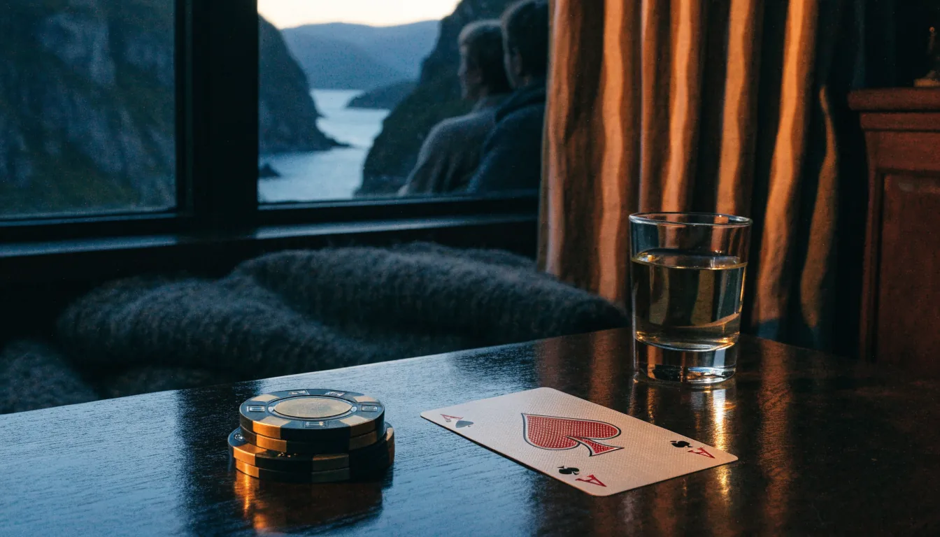 Casinochips og spillkort på et norsk bord med fjordutsikt