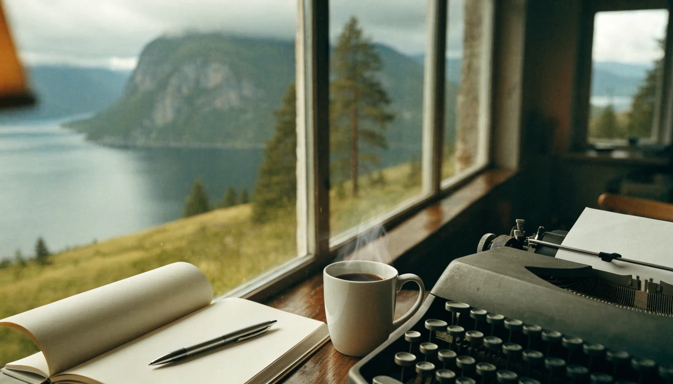 Skrivebord med notatbok og kaffe ved et vindu med utsikt over en norsk fjord
