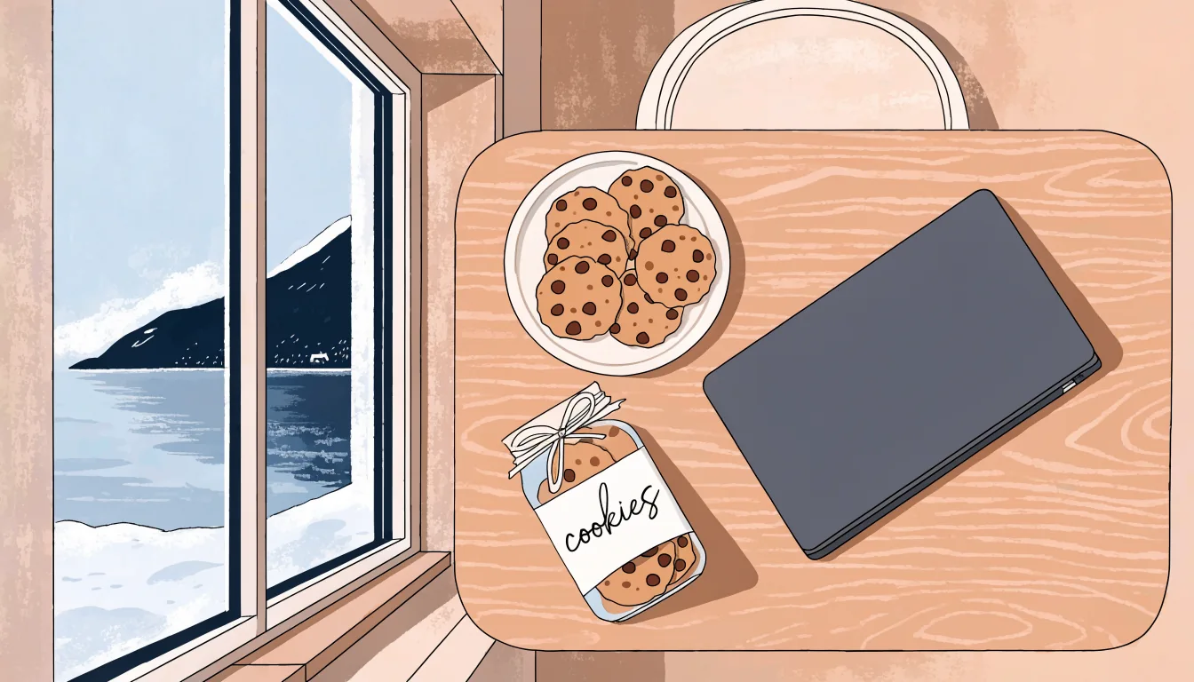 Nystekte informasjonskapsler ved siden av en bærbar PC ved et vindu med norsk fjordutsikt.