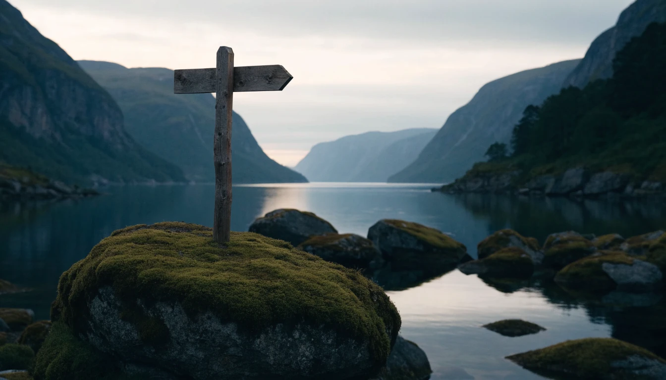 Norsk fjordlandskap ved skumring med et tomt skilt som symboliserer ansvarsfraskrivelse.