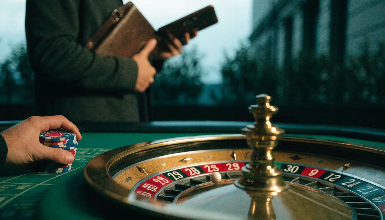 Elegant ruletthjul på casinobord med fargerike jetonger og varm belysning