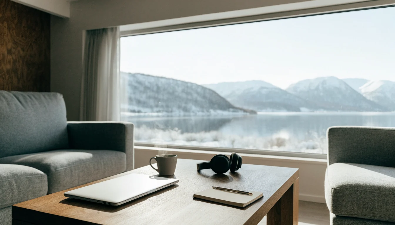 Moderne norsk stue med laptop og kaffekopp ved vinduet
