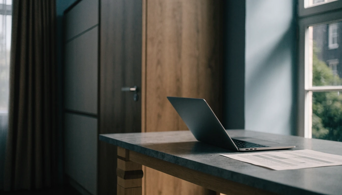 En laptop på et skrivebord med skjermen vendt bort