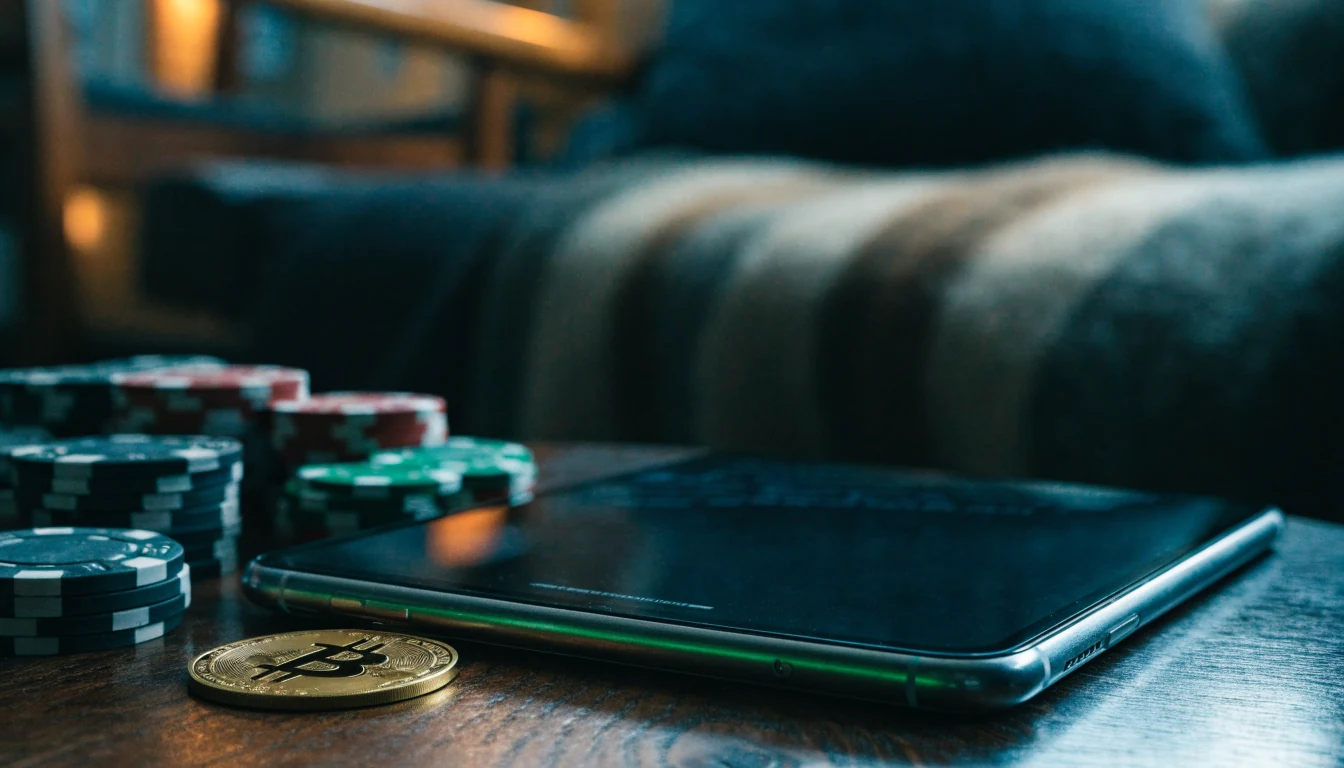 Smarttelefon, casinojetonger og Bitcoin-mynt på et mørkt bord i en norsk stue