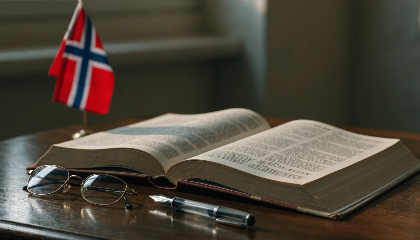 Åpen lov bok på skrivebord med norsk flagg i bakgrunnen