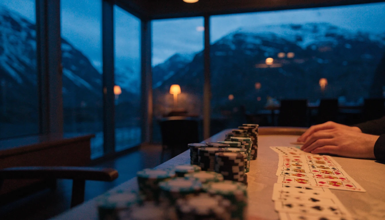 Stilfullt blackjack-bord i nordisk studio med kort og jetonger