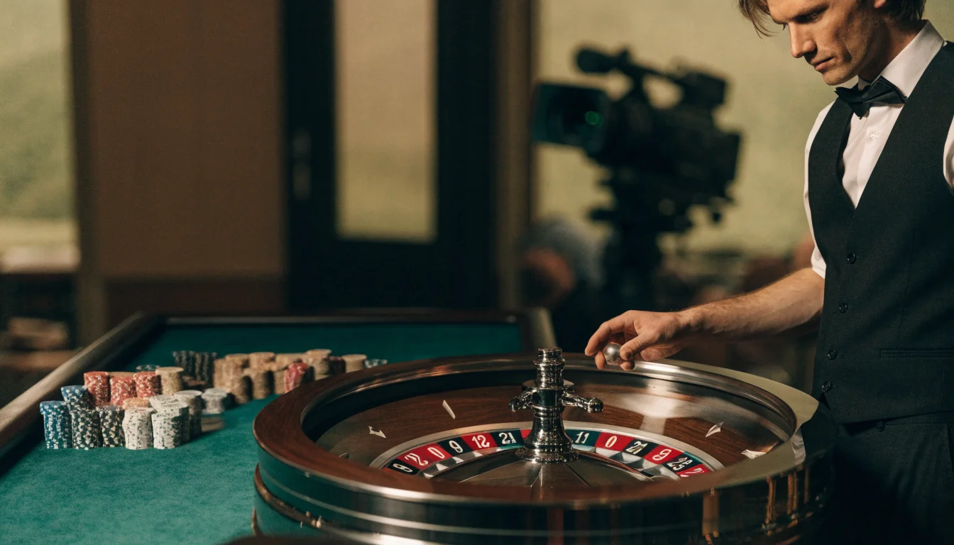 En profesjonell live-roulette-dealer ved et ekte ruletthjul i et studio