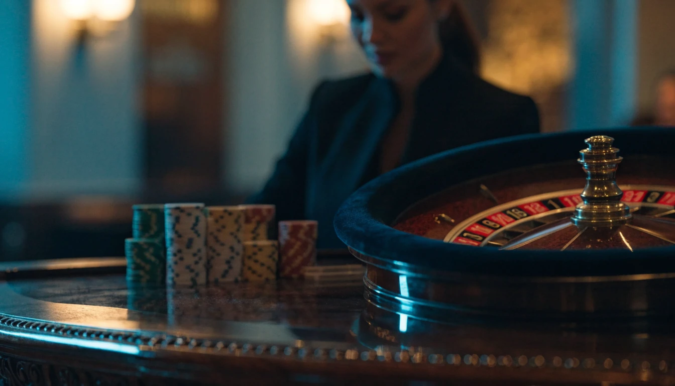 Elegant live roulette-bord med hjul og jetonger i et studio