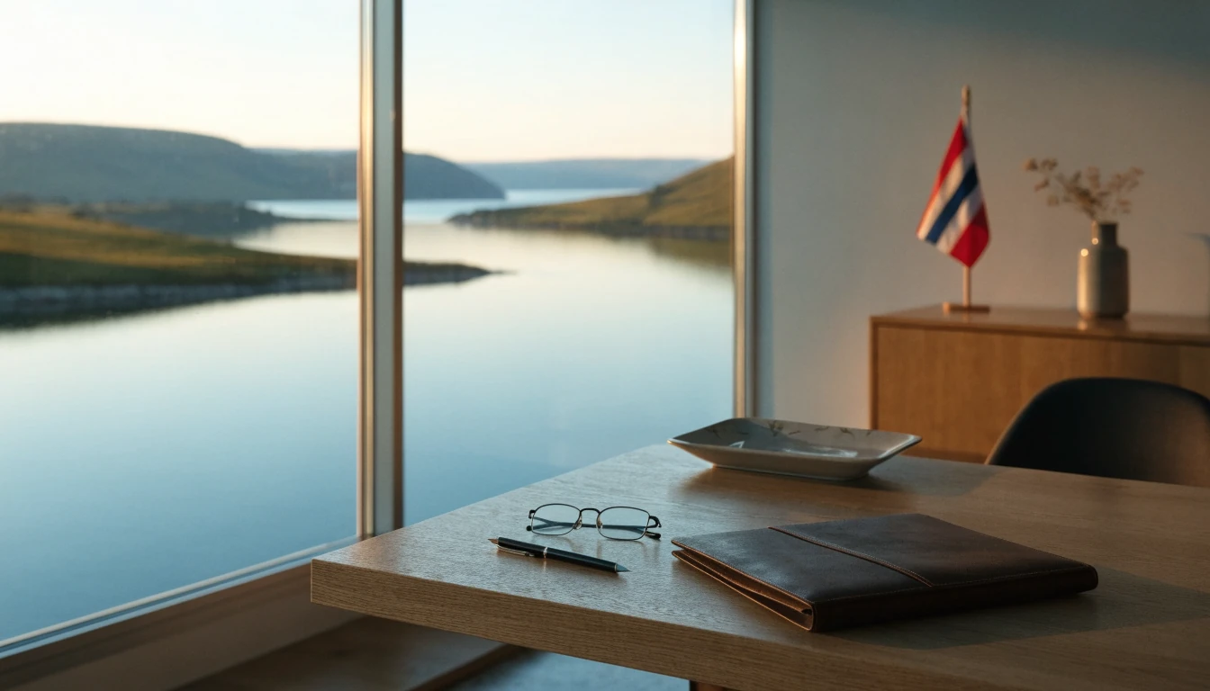 Moderne norsk interiør med dokumentmappe og utsikt over fjord
