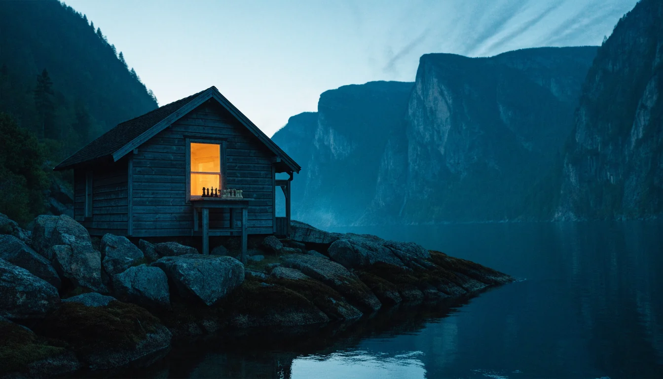 Norsk fjord ved skumring med opplyst hytte og sjakkbrett ved vinduet