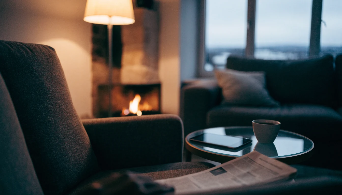 Koselig norsk stue med lenestol, kaffe og et nettbrett vendt bort