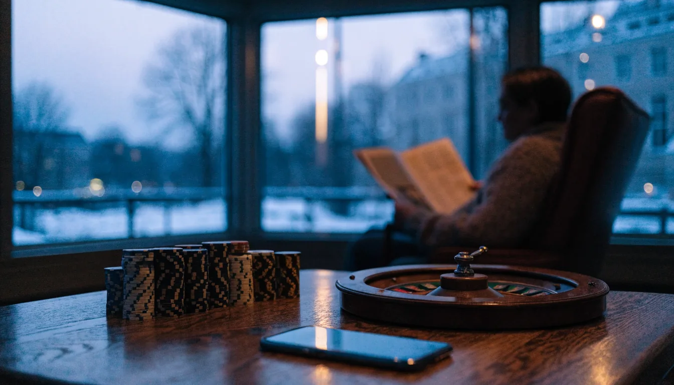 Norsk kafé med casinobrikker og ruletthjul i vinterkvelden