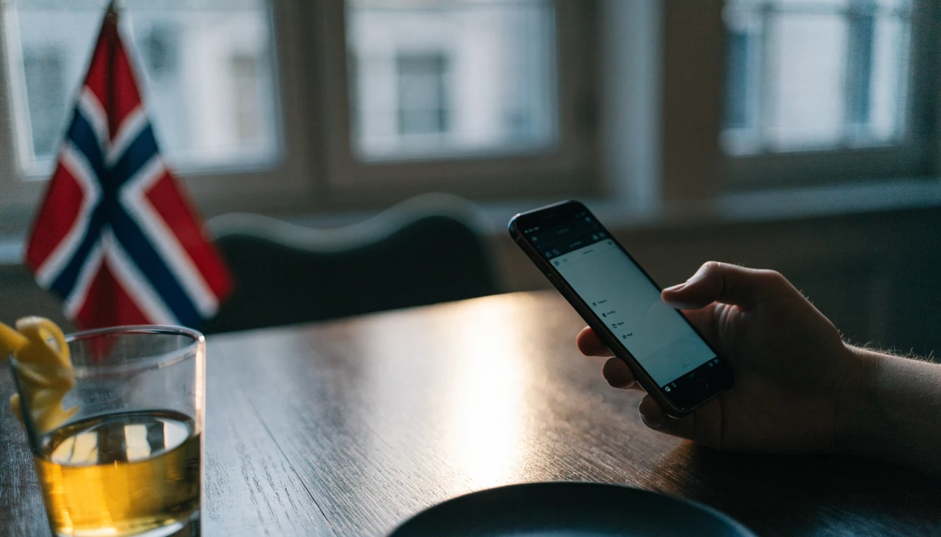 Hånd som holder en iPhone med Apple Pay i et koselig norsk hjem