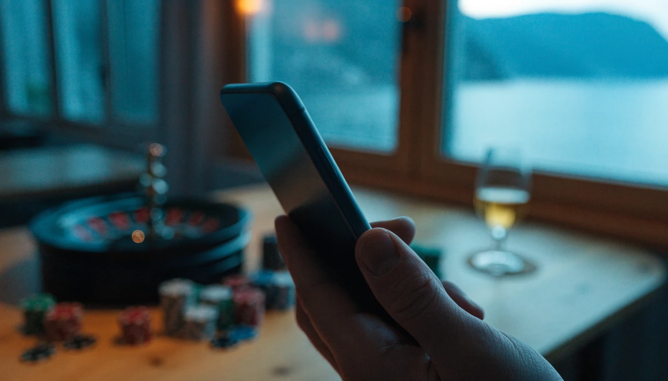 Hånd som holder telefon nær roulette og norsk interiør