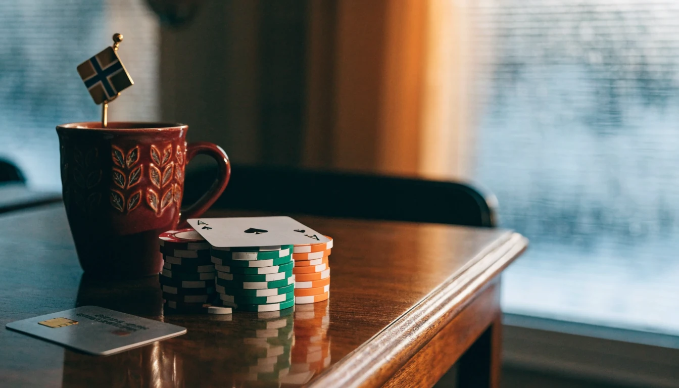 Mastercard-kort, casinobrikker og korthand på et norsk bord