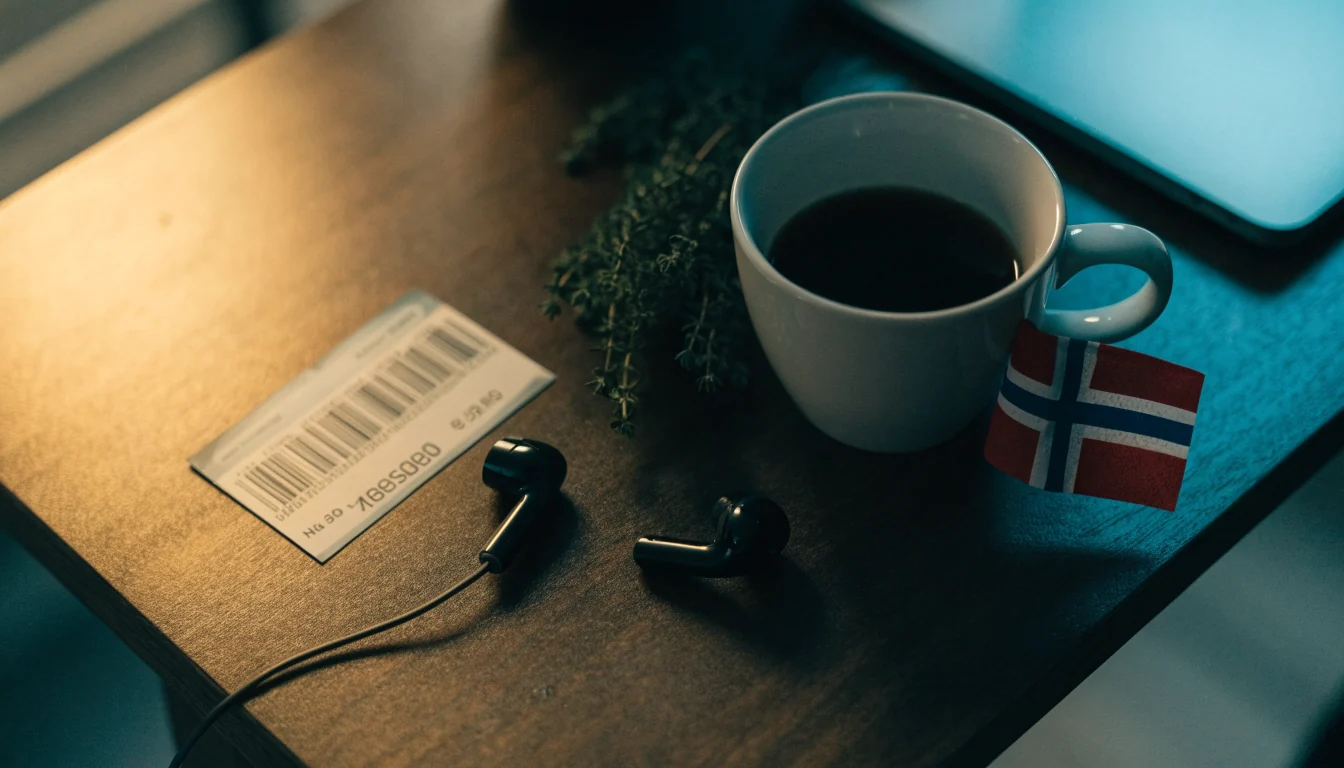 Neosurf-prepaid voucher på et norsk skrivebord med kaffekopp og flagg