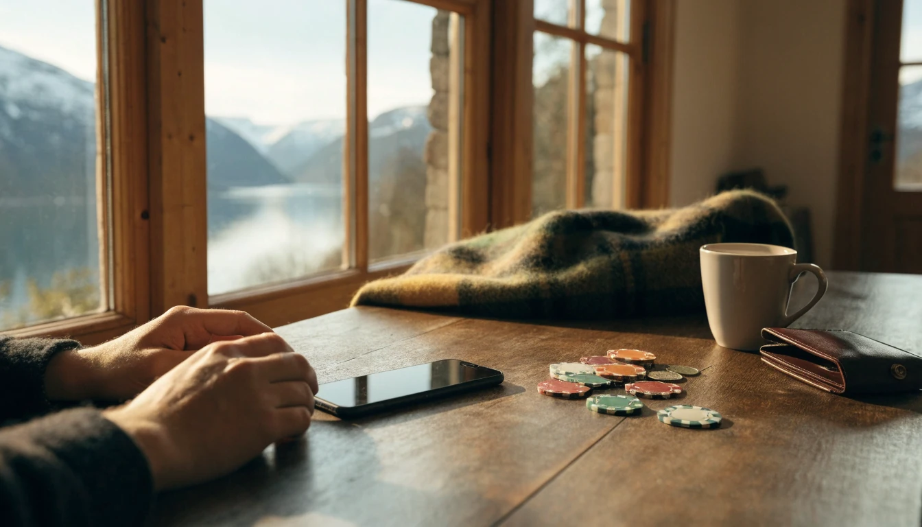 Hender med smarttelefon og casinobrikker ved et trebord i norsk hjem med fjordutsikt