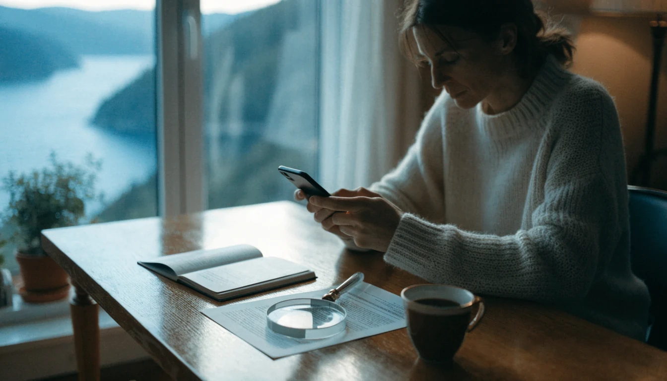 Person ved skrivebord med pass og telefon, norsk stue