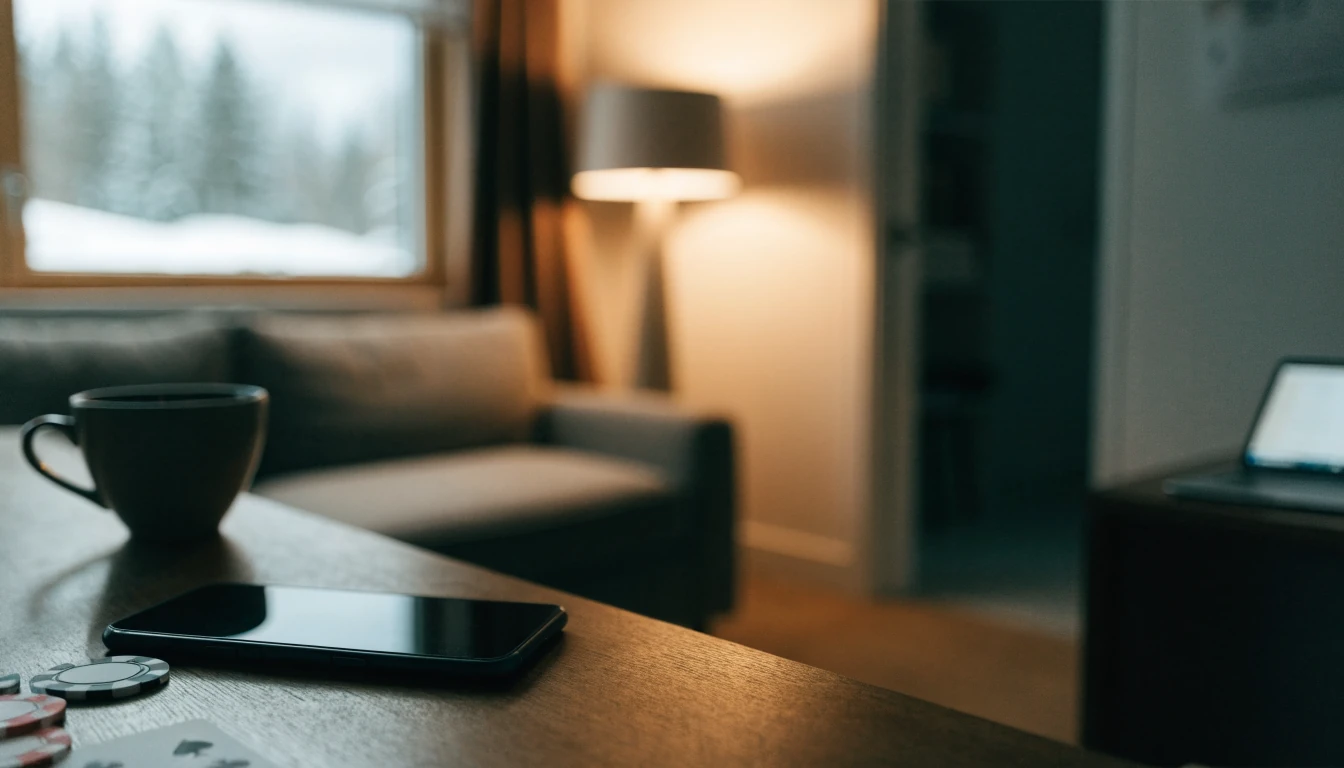 Smarttelefon vendt ned på bord med casinobrikker og kaffekopp i moderne norsk stue