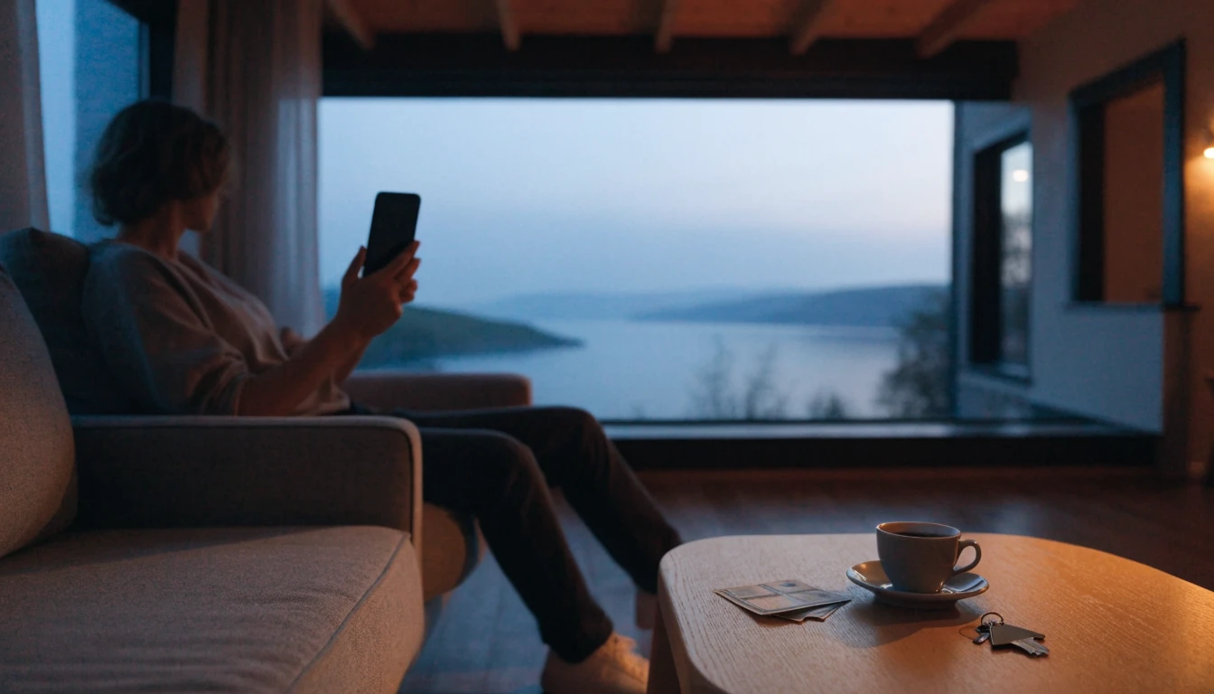 Person i norsk stue med kronebank-sedler og telefon ved solnedgang over fjord