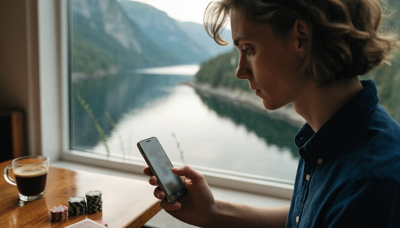 Mann med mobil og pokerjetonger ved et bord i Norge