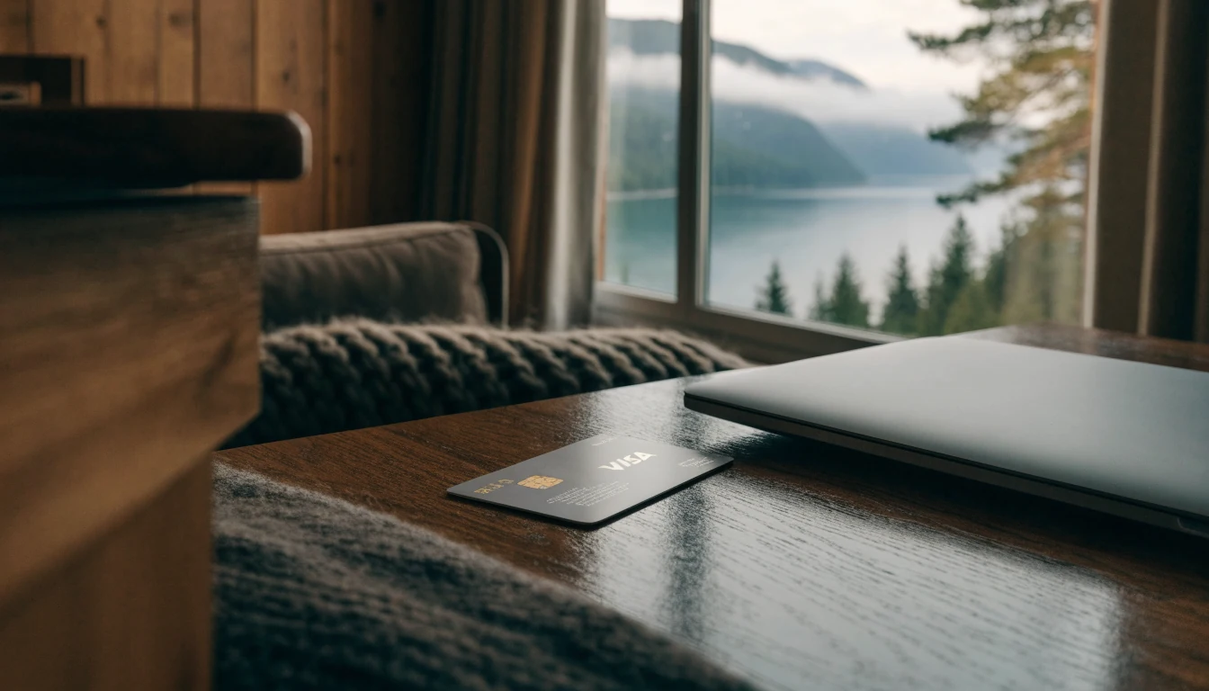 Visa-kort og laptop på et norsk skrivebord med fjordutsikt