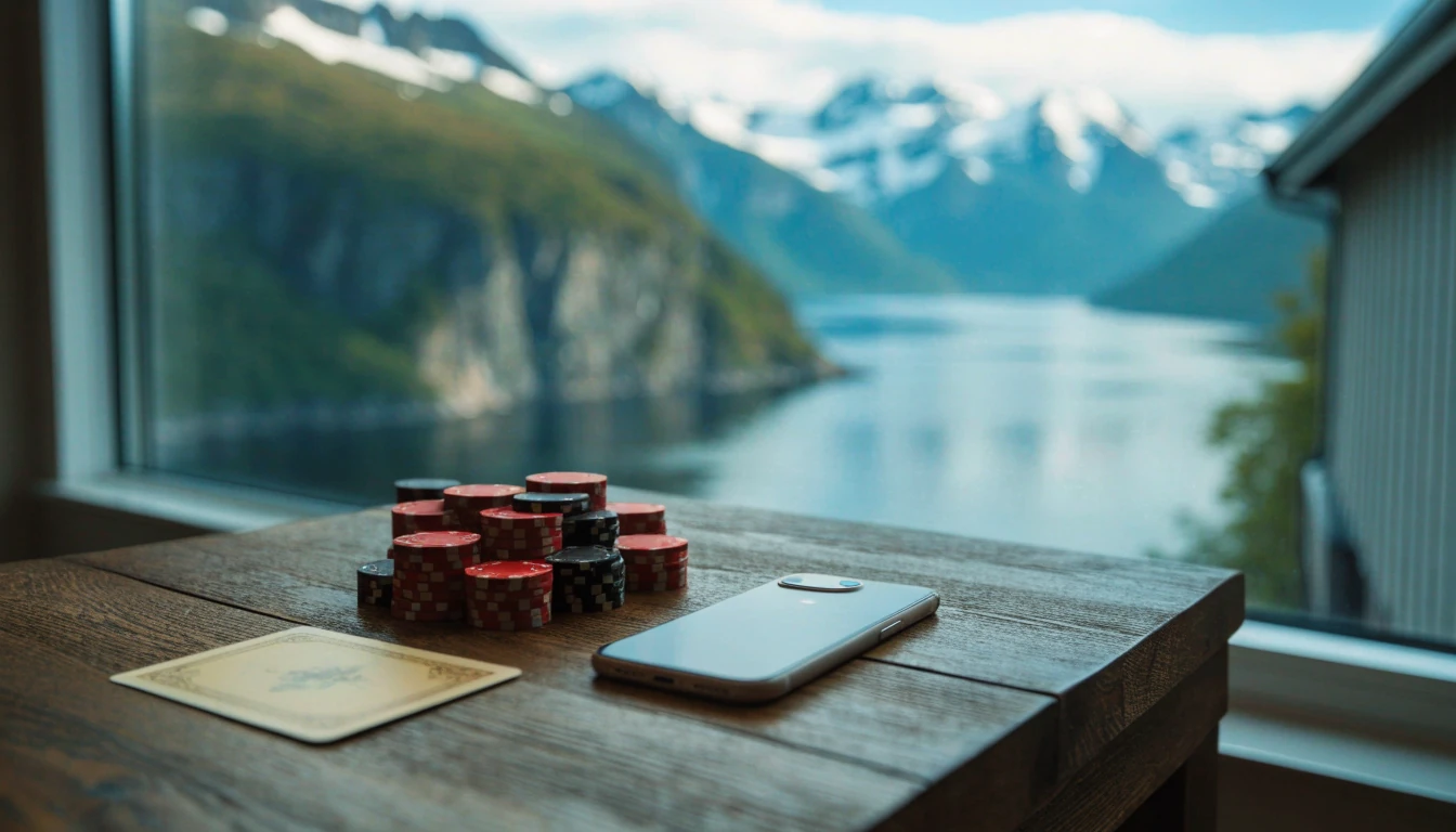Smarttelefon med casinojetonger på trebord mot norsk fjordutsikt