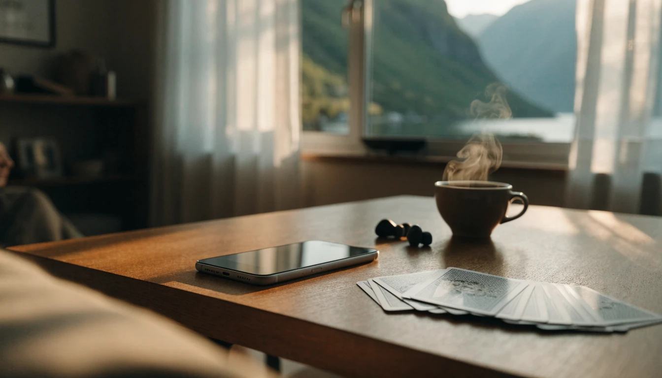 Android-telefon vendt ned på et norsk stuebord med kort og kaffekopp