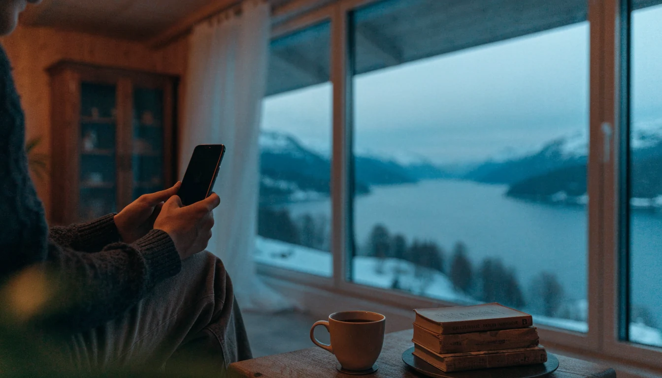 Person som holder en iPhone i en moderne norsk stue med fjordutsikt